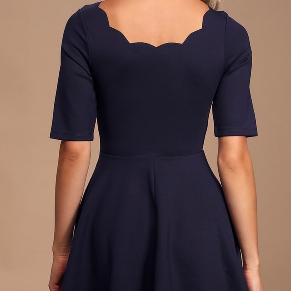 Lulu’s || Navy Scalloped Fit & Flare Dress - Picture 2 of 7